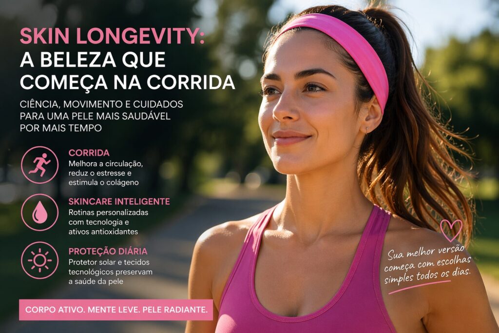 “mulher correndo com faixa rosa na cabeça, representando beleza e saúde da pele”